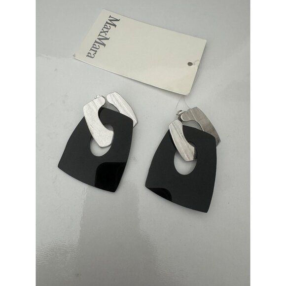 NWT Max Mara Umbro Black Silver Abstract Drop Earrings Geometric Design $235 - Picture 1 of 6